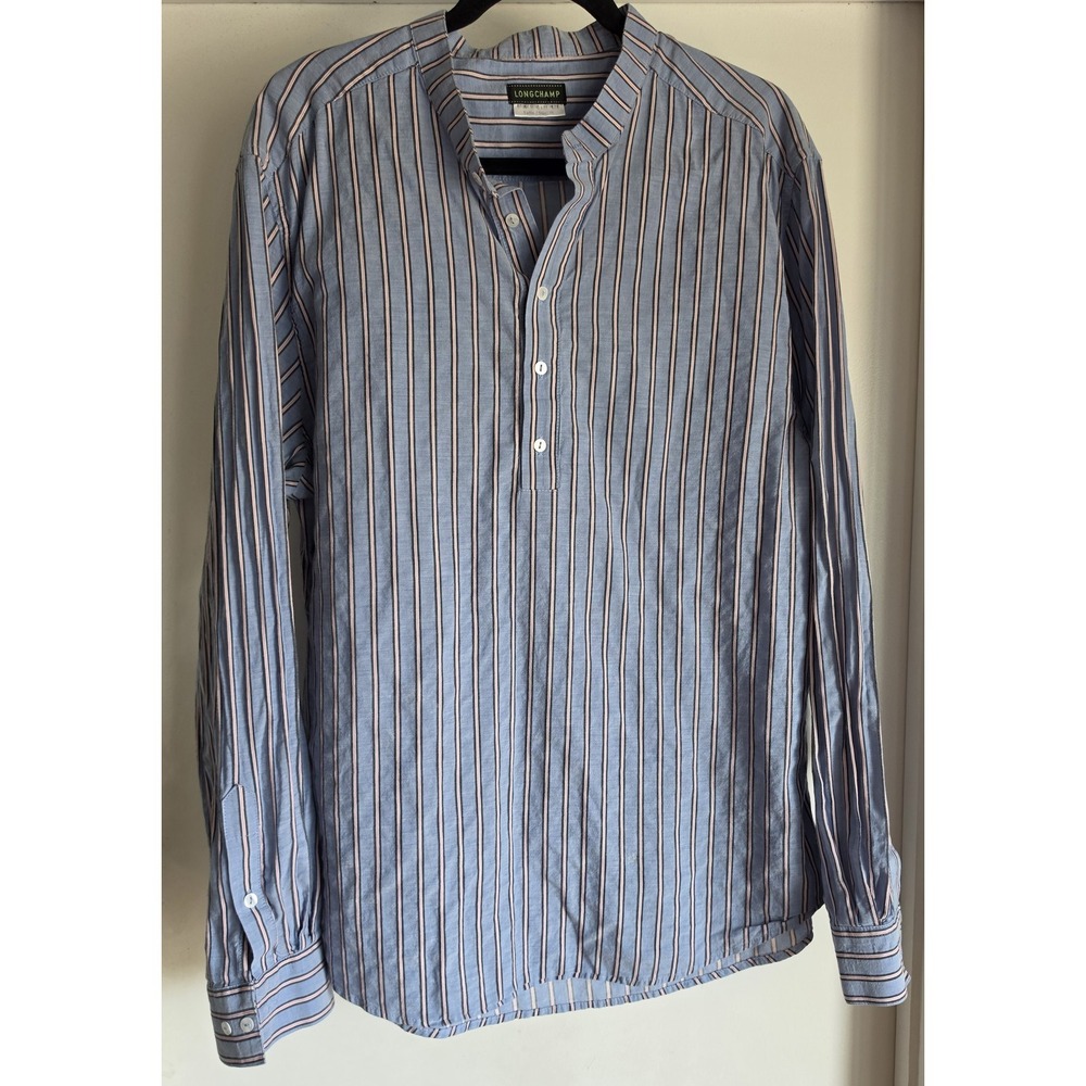 Longchamp Men's Blue Striped Long Sleeve Dress Shirt Made Belgium